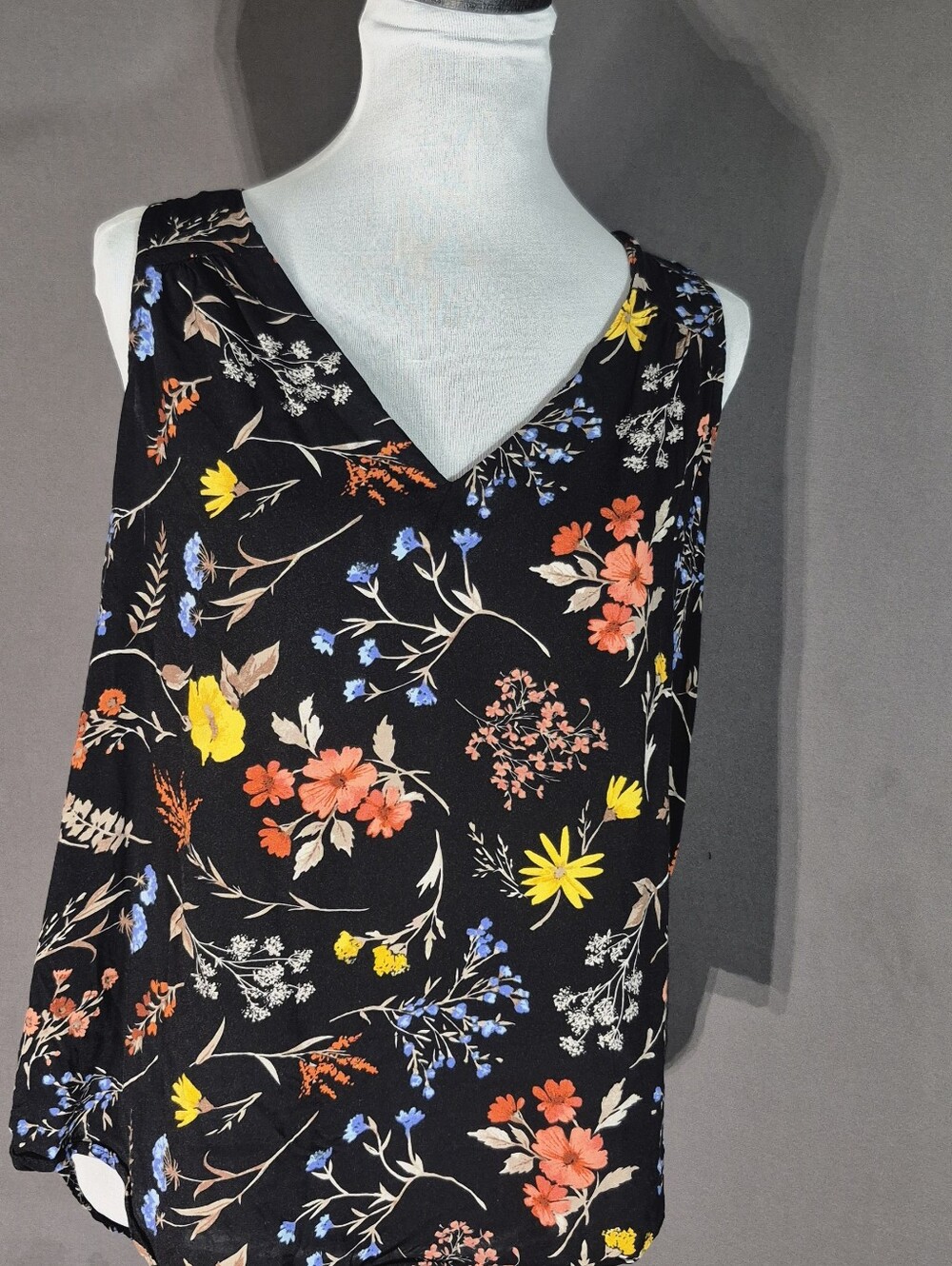 Old Navy Black Floral V-Neck Camisole with Yellow, Coral & Blue Flowers
